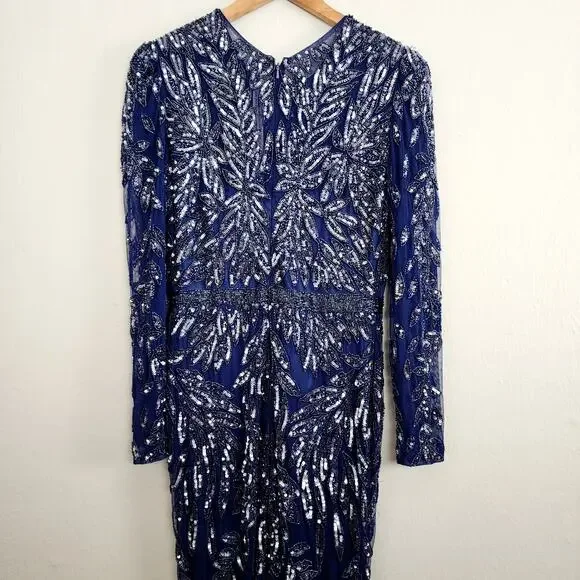 NWT Mac Duggal Illusion Beaded Embellished Long Sleeve Gown 8 Midnight Formal